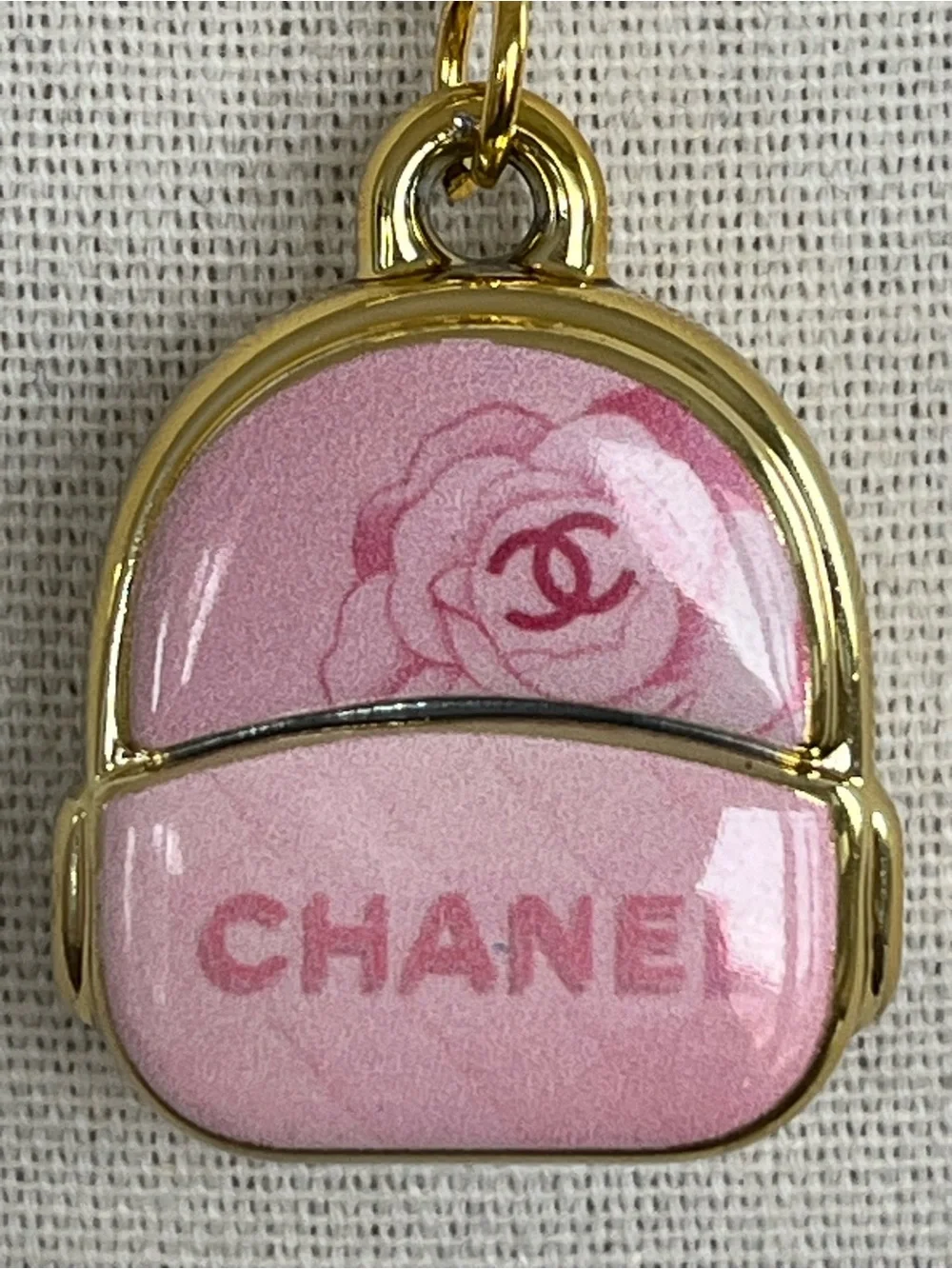 Authentic Chanel Upcycled Large 3D Pink Backpack Charm on 14k GP Toggle Necklace - Picture 2 of 12